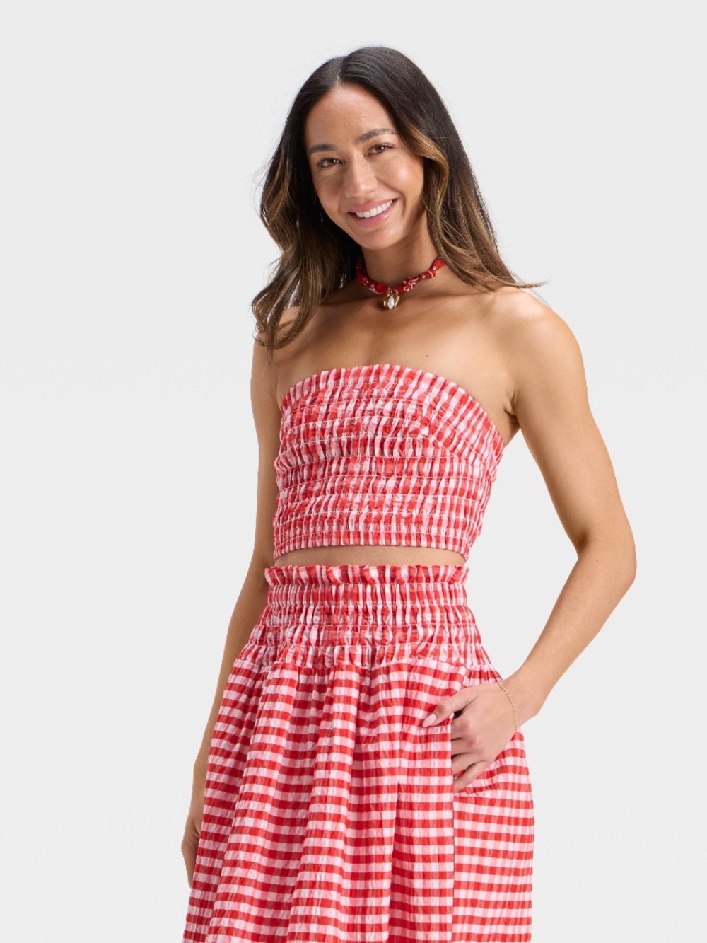 Universal Thread Red Gingham Smocked Strapless Crop Top